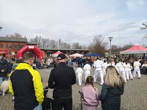 Großer Platz. Menschen, rote Hüpfburg und Pavillons säumen den Platz. In der Mitte eine Freifläche auf der Schüler in weißer Kleidung Karate vorführen.