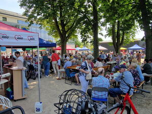 Großes Fest, Draußen, Schattige Bäume und Pavillons unter denen viele ältere Menschen sitzen.