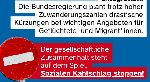 Text: Deutsch lernen? Jobsuche? Bildungsangebote? Wohnungssuche? Zu diesen Fragen und vielen mehr berät die Migrationsberatung für erwachsene Zuwanderer und unterstützt die erfolgreiche Integration. Der gesellschaftlich Zusammenhalt steht auf dem Spiel.