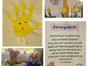 Collage: 4 Bilder. zwei Plüschhasen, ein Ostergedicht, Osterglocken und Eier aus Papier als Deko an einer Scheibe und ein gelber Küken-Handabdruck darüber steht FROHE OSTERN