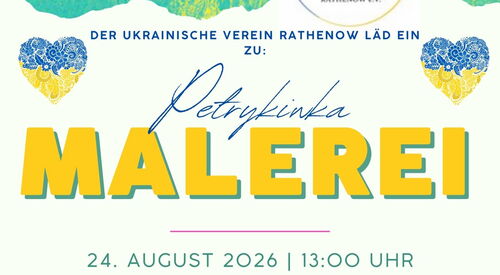 Ankündigungsflyer in den Farben blau und gelb mit grafischer beispielhaften  Blumen- und Herzdarstellungen im Stil von ukrainischer Bauernmalerei