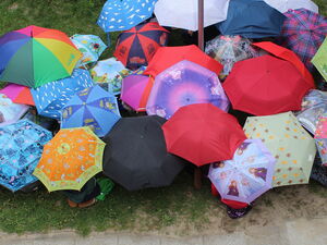 Viele bunte Regenschirme von oben fotografiert.