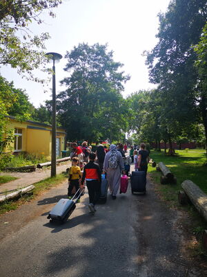 Eine Gruppe von Kindern und Erwachsenen mit Koffern und Taschen geht auf einem Parkweg – vermutlich bei der An- oder Abreise.