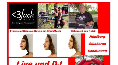 Plakat: AWO Sommerfest 18.08.24 ab 14 Uhr Havelpromenade im schönen Ketzin. Franziska Stein aus Ketzin mit 3fachMusik, Hüpfburg, Glücksrad, Schminken. Live und DJ. Familienfreundlich.