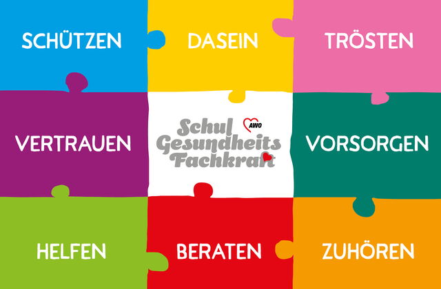 Puzzle mit Schlagworten was die Schulgesundheitsfachkräfte machen: Schützen, Dasein, Trösten, Helfen, Beraten...
