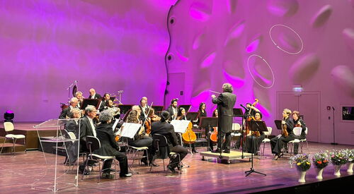 Orchester mit Dirigent auf der Bühne.