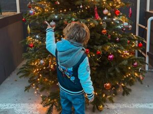 Ein Kind steht vor einem reich geschmücktem Weihnachtsbaum. Es greift nach einer Kugel. Kind hat braune wellige Haare, es trägt eine Paw Patrol Jacke und blaue Jeans. Von hinten fotografiert.
