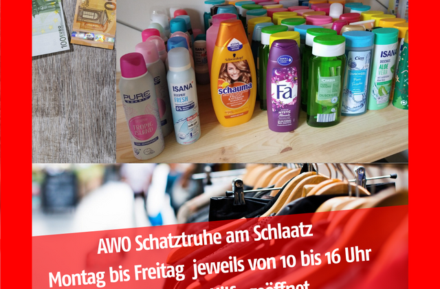 Foto mit Kleidung und Waschmittel mit der Aufschrift: AWO Schatztruhe