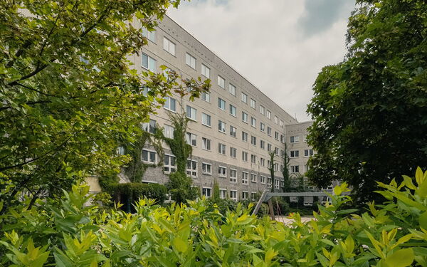Blick zwischen Bäumen und Büschen hindurch auf ein Gebäde. Mehrstöckig, grau trist, An der Fassade wachsen Pflanzen empor.