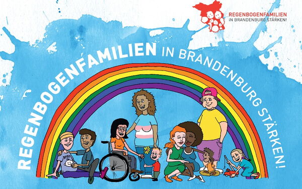 gezeichneter REgenbogen mit verschiedenen Menschen darunter