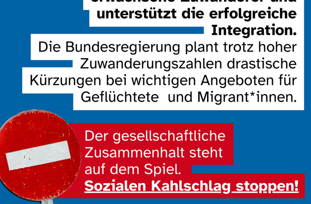 Text: Deutsch lernen? Jobsuche? Bildungsangebote? Wohnungssuche? Zu diesen Fragen und vielen mehr berät die Migrationsberatung für erwachsene Zuwanderer und unterstützt die erfolgreiche Integration. Der gesellschaftlich Zusammenhalt steht auf dem Spiel.