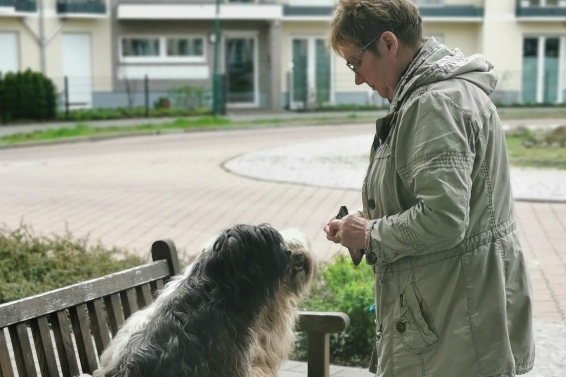 Besuchshund sitzt auf einer Bank vor den Gebäude. Eine Frau steht direkt vor ihm.