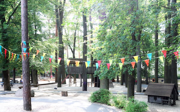Viele Bäume durch die die Sonnenstrahlen dringen. Zwischen den Bäumen ein Spielplatz mit Wippe, Klattergerüst und vielen Bänken, alles aus Holz.