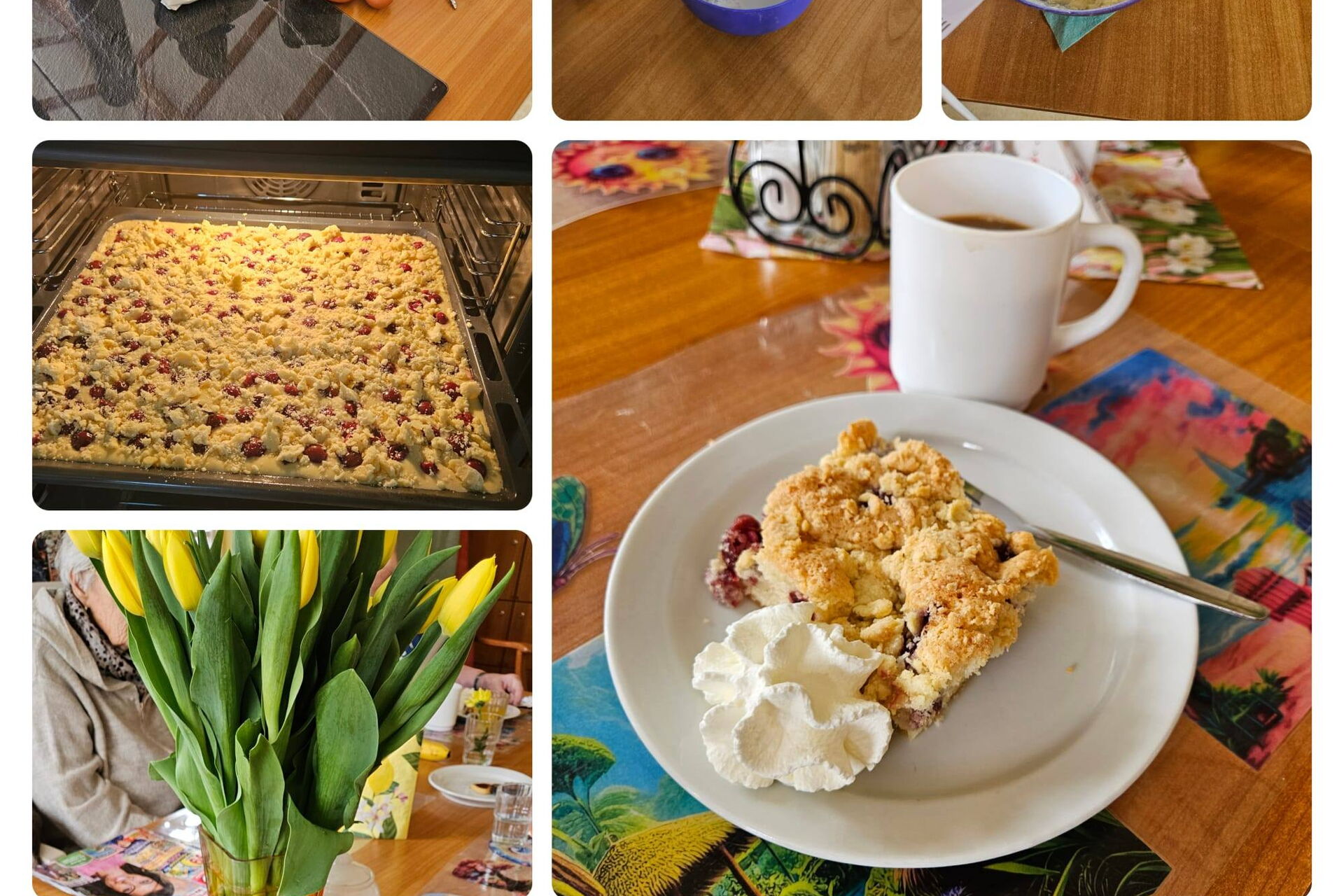 Collage aus 6 Fotos. Kuchen backen, Zutaten, Verrühren, Kuchen um Ofen, Stück Kuchen mit Sahne und Kaffeetasse.