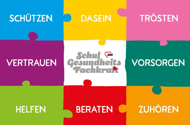 9 Puzzleteile zusammen zu einem Rechteck. Teile in verschiedenen Farben und beschriftet. Blau: Schützen, Gelb: Dasein, Rosa: Trösten, Lila: Vertrauen, Weiß: SGF, Dunkelgrün: Vorsorgen, Grün: Helfen, Rot: Beraten, Orange: Zuhören