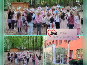 Collage: 3 Fotos. oben:. Kinder von hinten auf einem Spielplatz mit kleinen bemalten Papier-Regenschirmen. Unten links. das gleiche. Unten rechts: Das Gebäude der Kita Spatzenhaus.