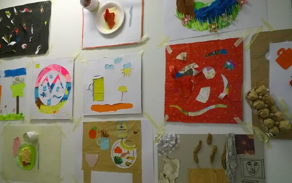 Kreative Bilder an einer Wand. Verschiedene Collagen.