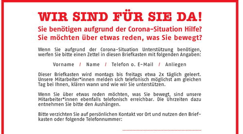 AWO - Info-Zettel zur Corona-Hilfe. Text: Wir sind für Sie da! Sie benötigen aufgrund der Corona-Situation Hilfe? Sie möchten über etwas reden, was Sie bewegt?