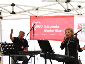 Mann und Frau an 2 Keyboards und Mikrofonständern singen.