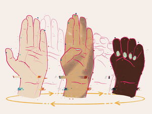 Grafik: 3 Hände in unterschiedlichen Hautfarben. Eine Handbewegung wird symbolisiert. Offene flache Hand, Dauen wird eingenommen, Hand schließt sich zur Faust.