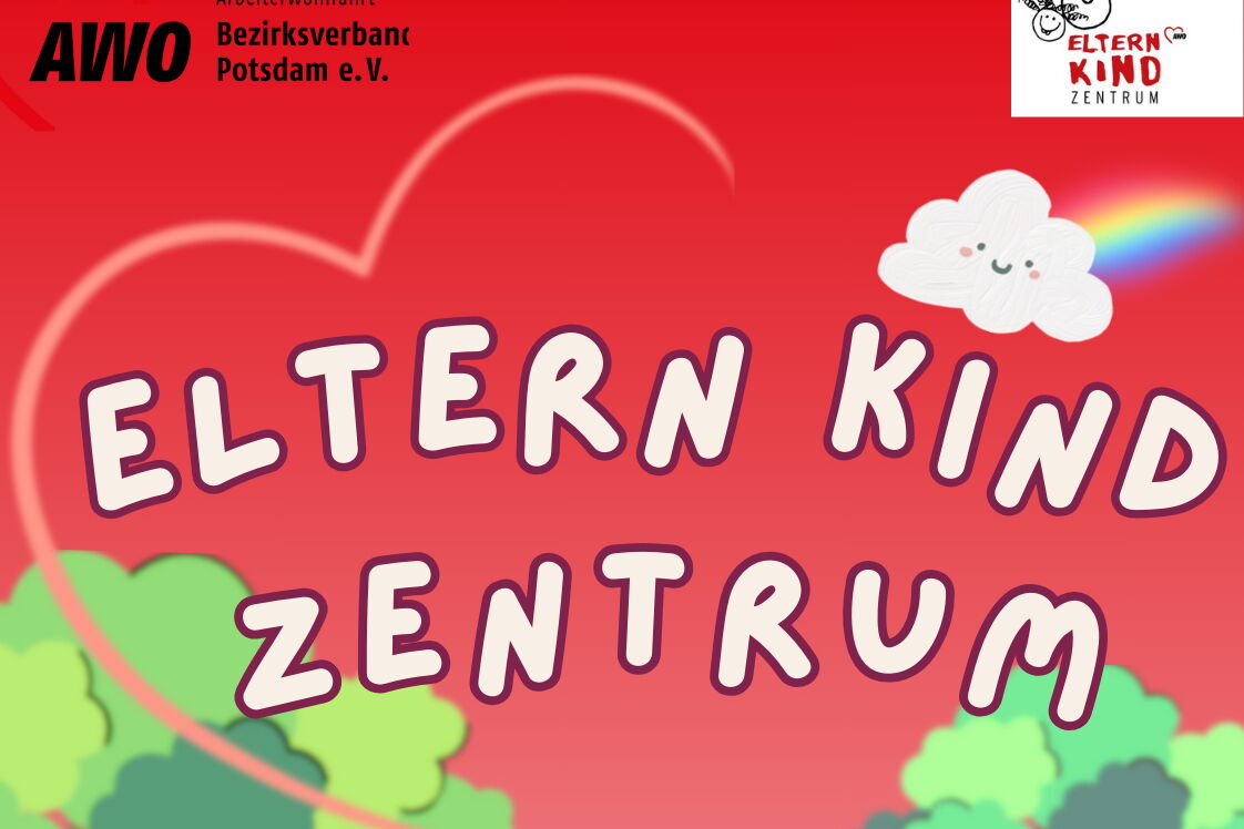 Viele verschiedene Familien auf eine roten Hintergrund. Zwei Bäume, ein Hund, ein grüner Luftballon und die Überschrift: Eltern-Kind-Zentrum