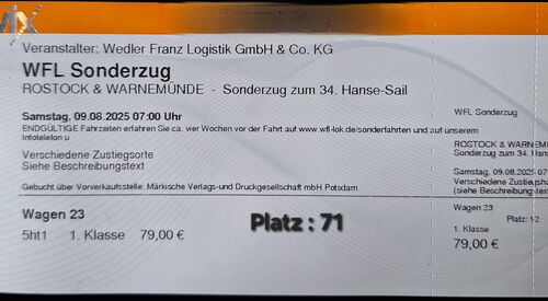 Veranstaltungsticket. WFL Sonderzug zum Hanse Sail