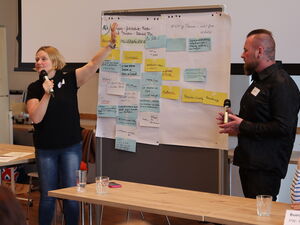 Ergebnisse werden am Flipchart präsentiert. Mehrere Moderationskarten mit Notizen sind daran befestigt. Links eine Frau mit Mikro und rechts ein Mann mit Mikro.