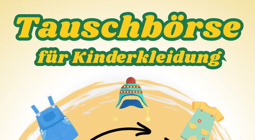 Es ist Kinderkleidung zu sehen und die Überschrift Tauschbörse für Kinderkleidung