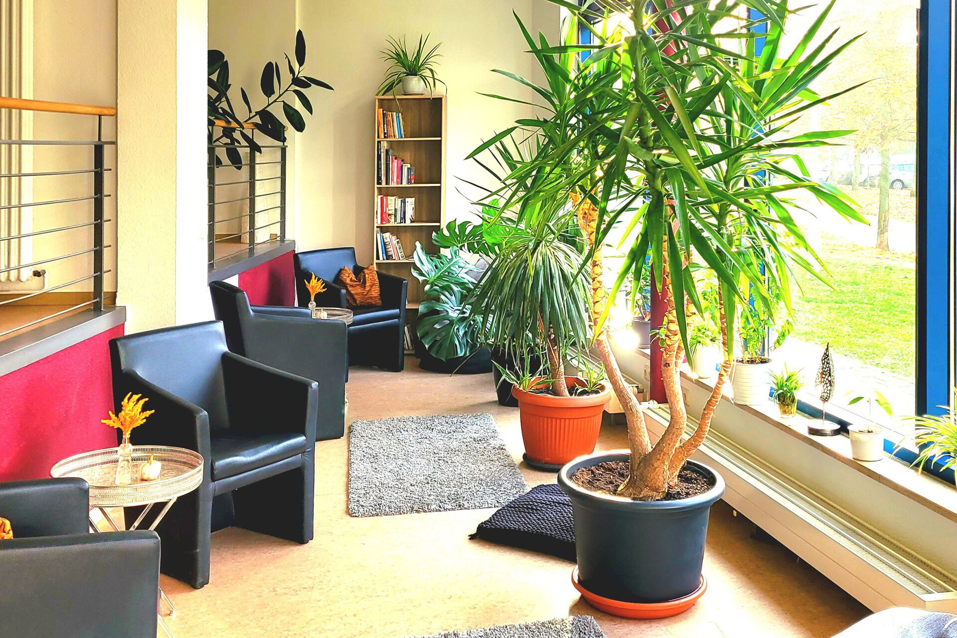 Rechts große Fenster und Grünpflanzen. Links vier schwarze Sessel dazwischen 2 runde kleine Lesetische, hinten im Raum ein Regal mit Büchern.