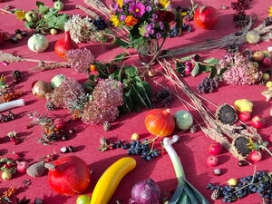 Mandala aus geernteten Blumen, Gemüse und Obst.