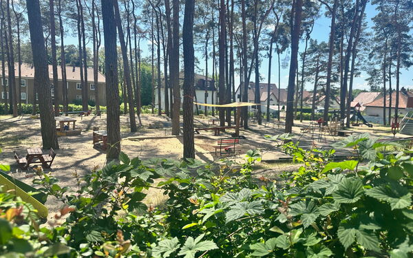 Weitläufiger Spielplatz unter Bäumen. Mit vielen Bänken und Tischen. Im Vordergrund ein Gebüsch.