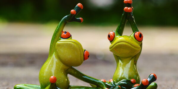Hier sehen sie 2 Froschfiguren, die Gymnastik machen