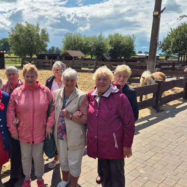 Gruppenfoto: 8 ältere Frauen vor einer Pferdekoppel. Fröhlich bei sonnigen Wetter.
