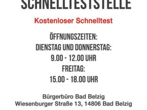 Text: AWO Sozialstation Bad Belzig: Kostenloser Schnelltest | Öffnungszeiten: Dienstag und Donnerstag 9 - 12 Uhr | Freitag 15 - 18 Uhr | Bürgerbüro Bad Belzig