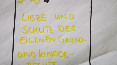 Eine Aufschrift auf einer von Kindern gestalteten Wandtafel