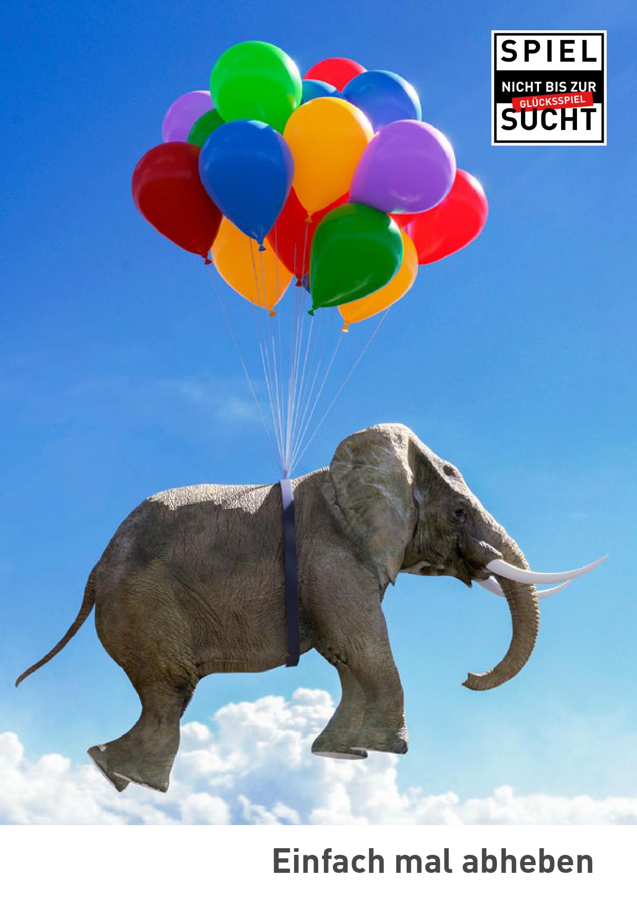 Blauer Himmel ein paar weiße Wolken. Ein Elefant hängt an einem Bund bunter Luftballons. Text: Einfach mal abheben