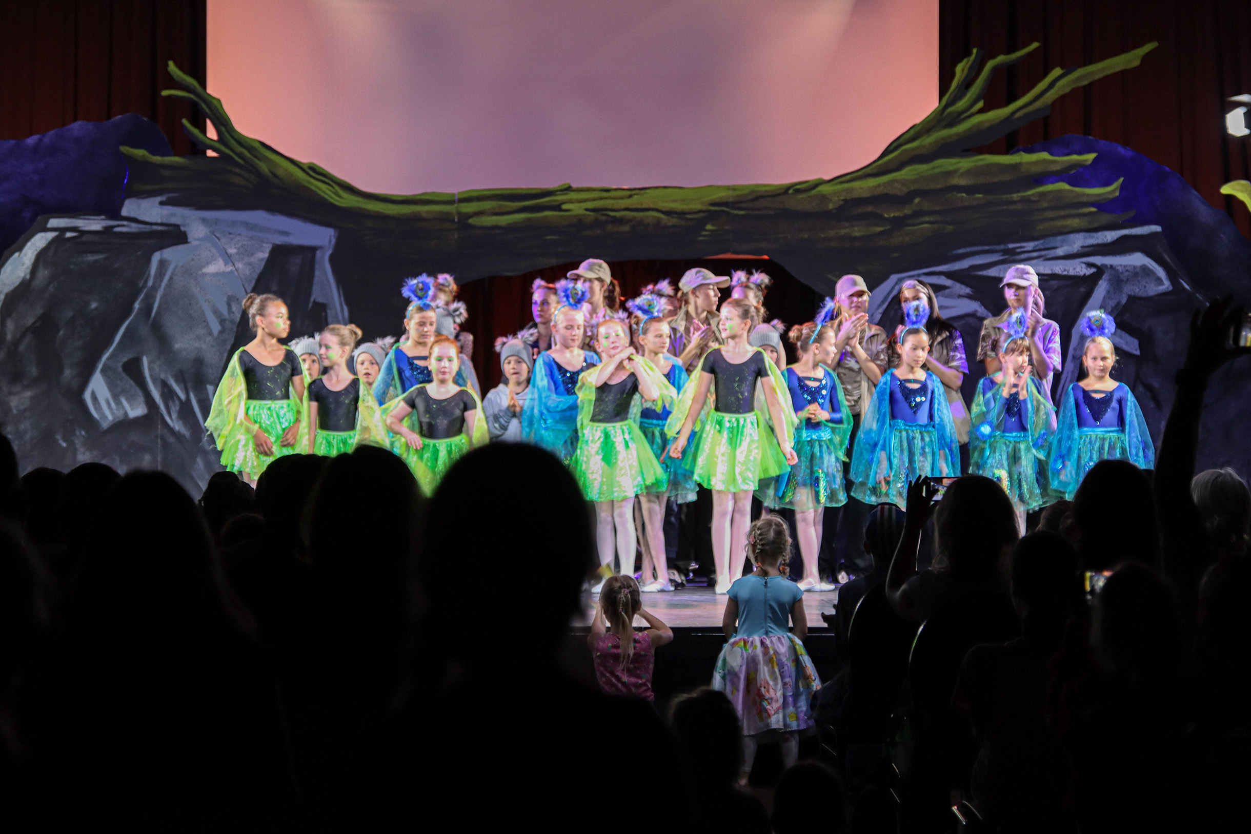 Ca. 15 Mädchen auf der Bühne. Sie stehen in Reihen. Einige in schwarz-grünen Kostümen, wobei der Rock und Flügel grün sind, die anderen tragen blaue Kostüme und blaue Puschel auf dem Kopf.
