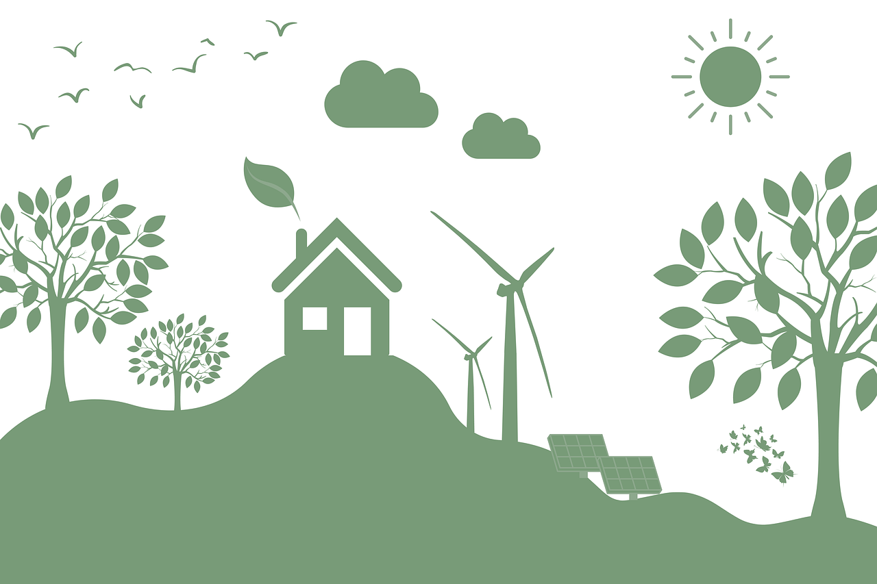 Bild: alles im matten grün gezeichnet: Bäume, Windräder und Solaranlagen. Ein Haus auf einem kleinen Hügel aus dem Schornstein kommt ein Blatt von einem Baum. Symbolisch für grüne Energie. Am Himmel, Vögel, Wolken Sonne.