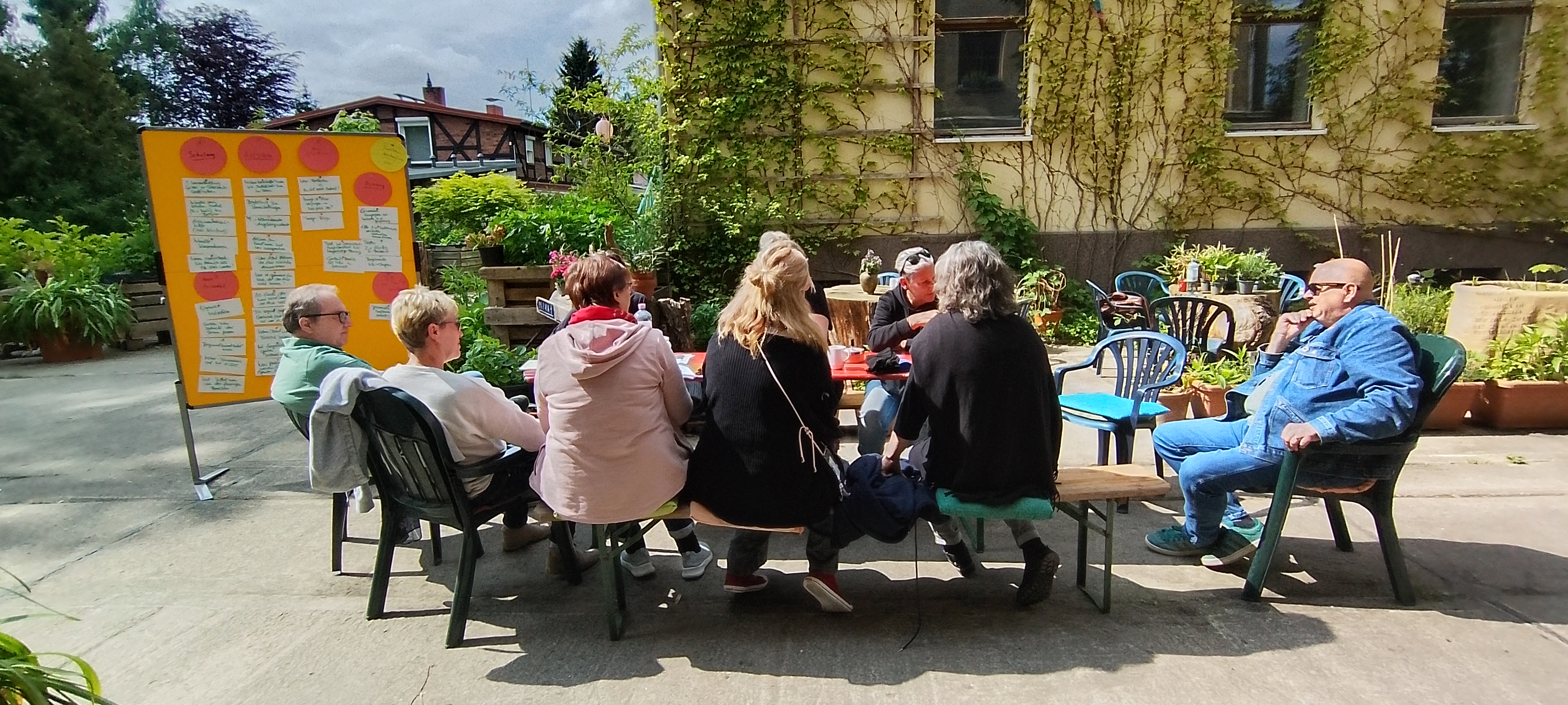 Gruppe von sitzenden Menschen um einen Tisch, darußen. Die Sonne scheint. Links eine Metaplan-Wand mit angehefteten Karten