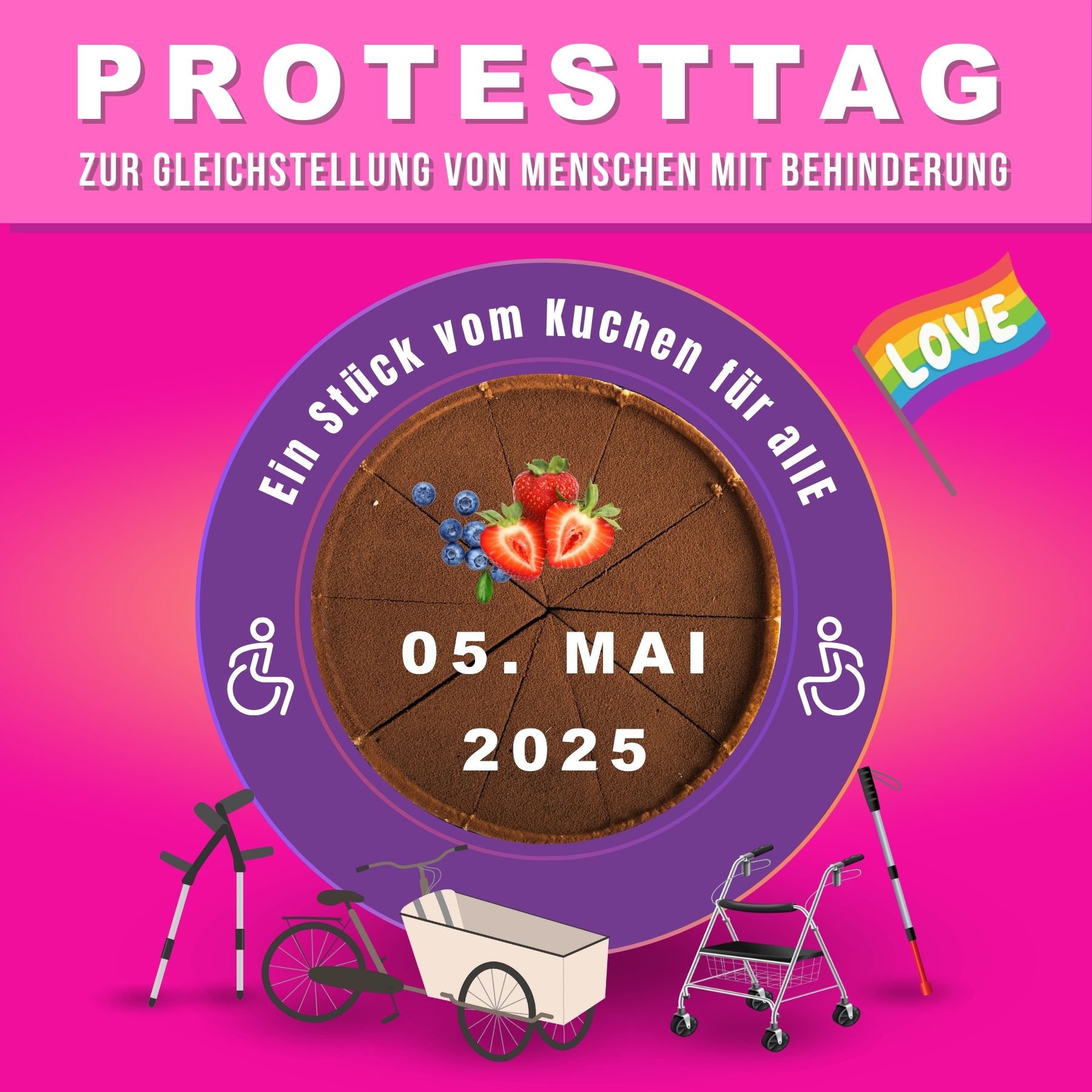 Logo: pinker Hintergrund, ein lila Kreis in der Mitte, in diesem Kreis ein Kuchen von Oben. Darunter Hilfsmittel, Blindenstock, Rollator, Unterarmstützen und ein Lastenfahrrad
