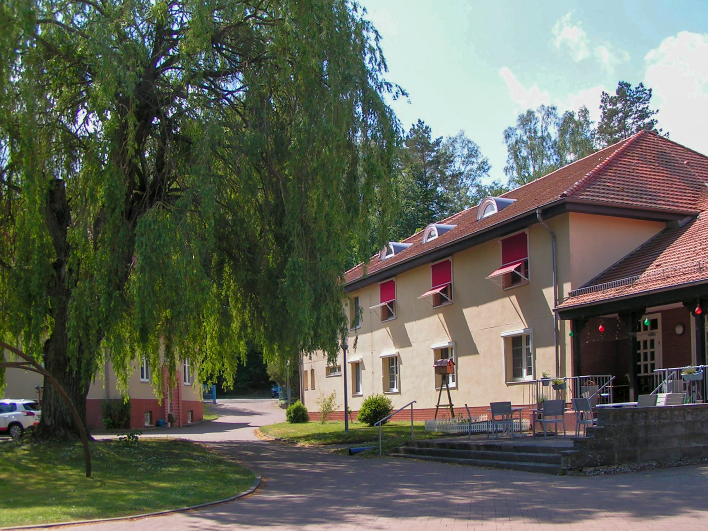 Große Weide links im Bild. Rechts ein Wohnhaus mit einer kleinen Terrasse auf der Stühle stehen.
