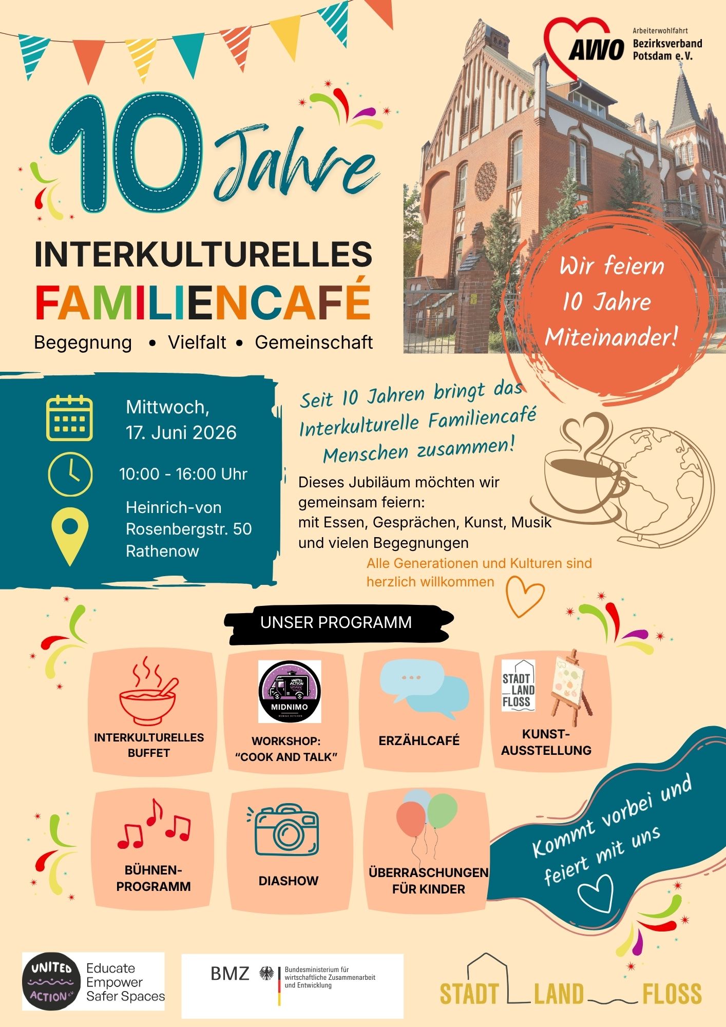 Aushang-Flyer mit allen Informationen zum Jubiläum und dem Programm. sowie den Logos der Sponsoren