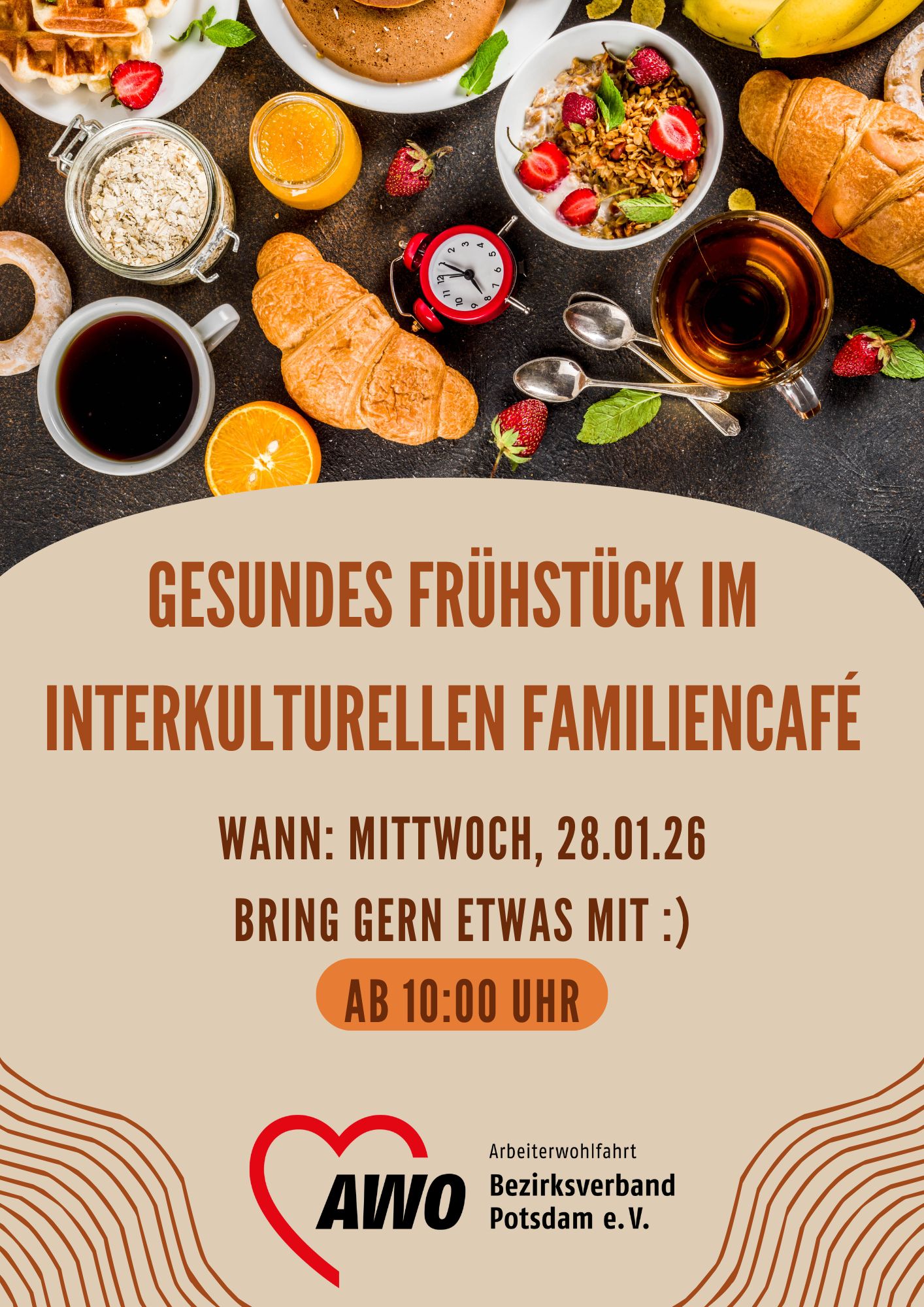Einladungsflyer zum gemeinsamen Frühstück im interkulturellen Familiencafé am 28.01.2026 ab 10:00 Uhr