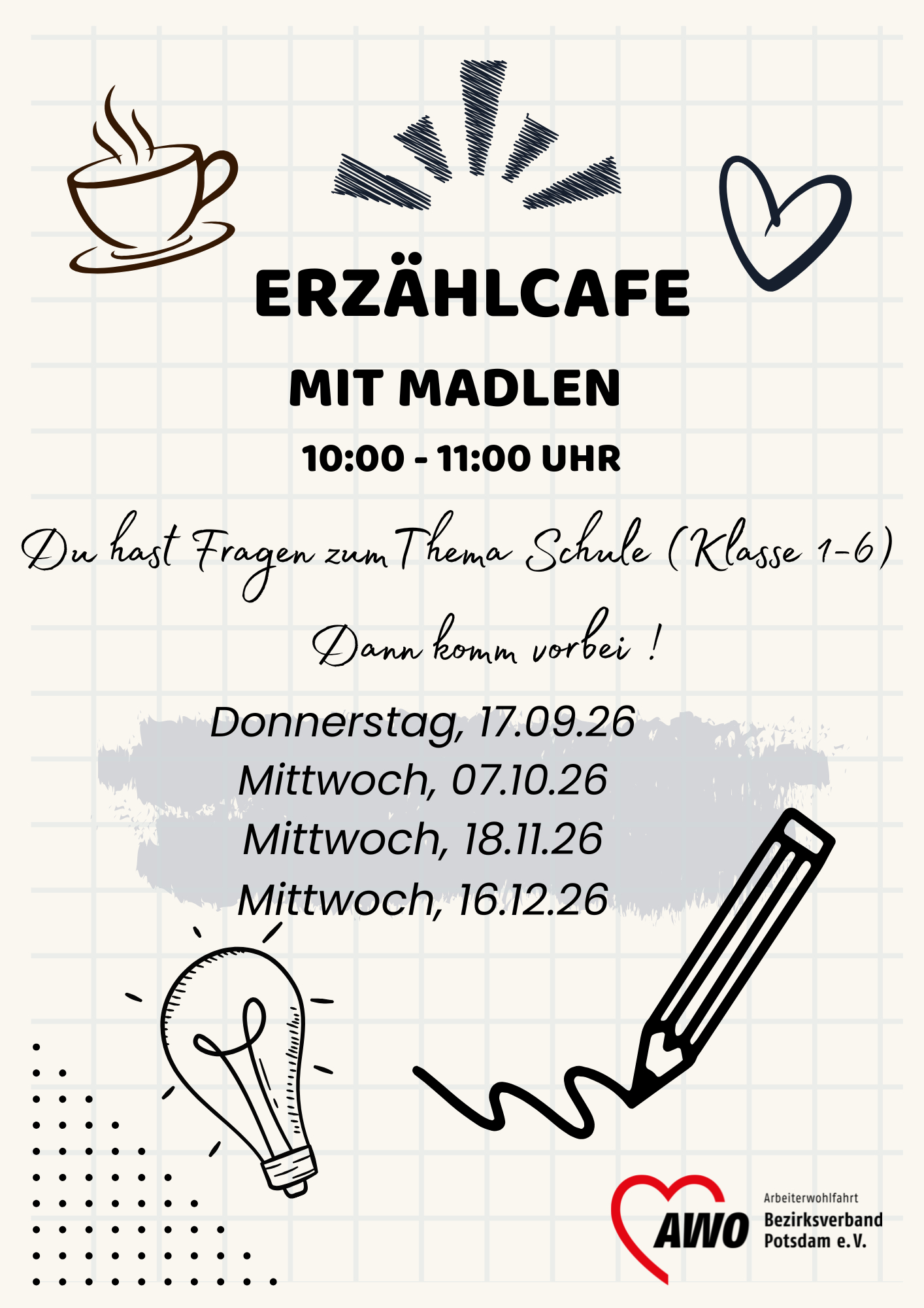 Einladungsflyer zum Erzählcafé mit allen Zeiten. Oben links eine Grafik von einer Kaffeetasse, oben rechts ein Herz