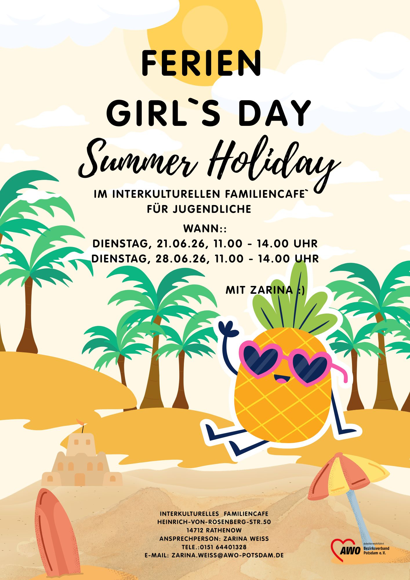 eine Ananas mit Sonnenbrille unter Palmen. Dazu stehen die Zeiten für das Ferienprogramm