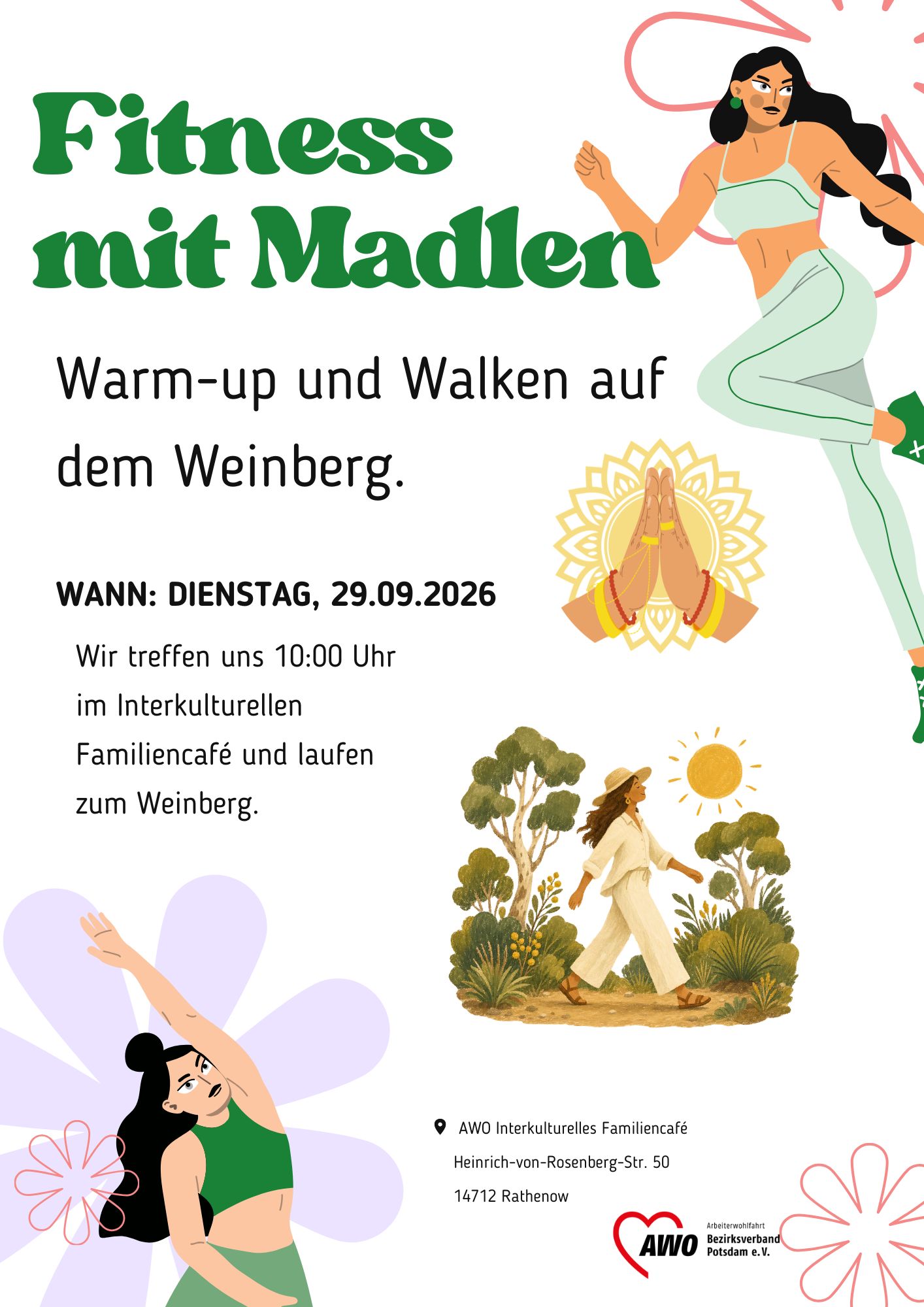 Einladungsflyer mit einer grafischen Darstellung einer Frau im Trainigsoutfit