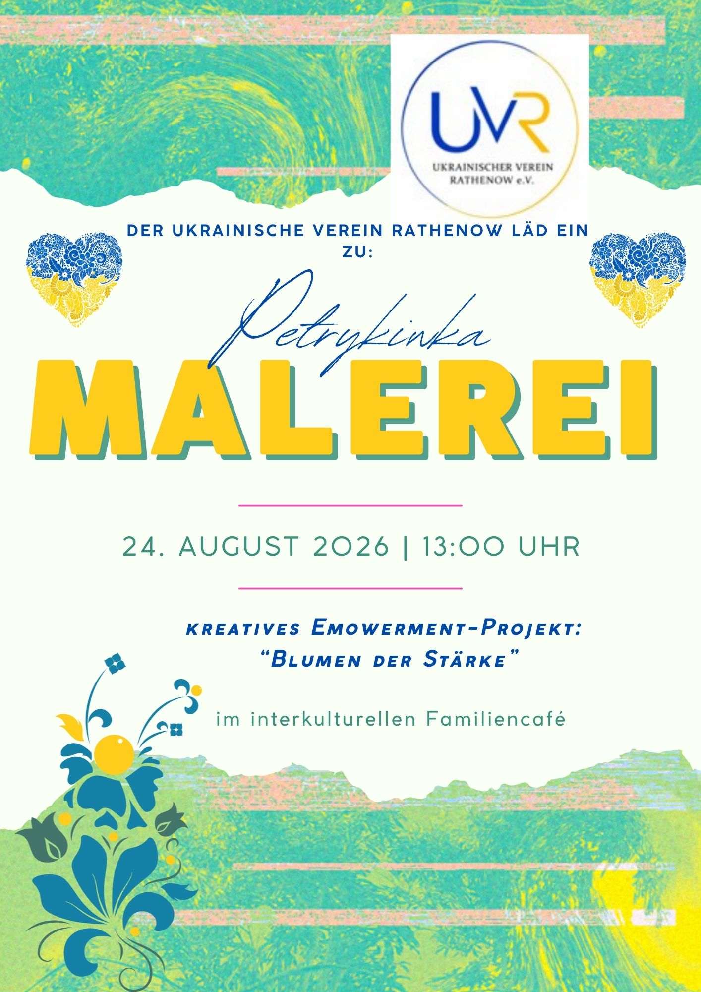 Ankündigungsflyer in den Farben blau und gelb mit grafischer beispielhaften  Blumen- und Herzdarstellungen im Stil von ukrainischer Bauernmalerei