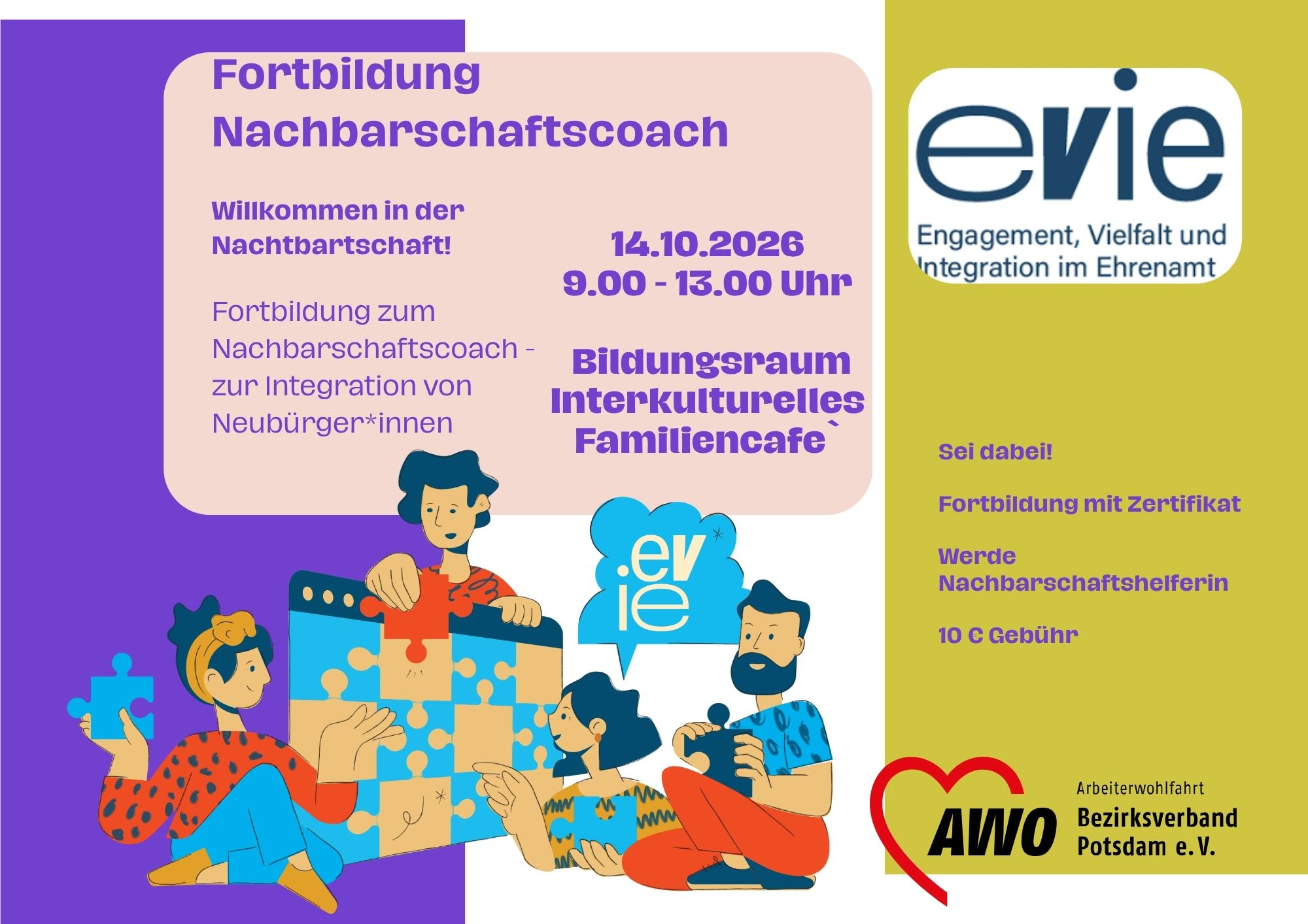 Einladungsflyer zur Fortbildung mit Angabe zum Ort und der Zeit. Zudem sind grafisch gestaltete Menschen die ein Puzzle bauen auf dem Bild und das Logo des Bildungsträgers