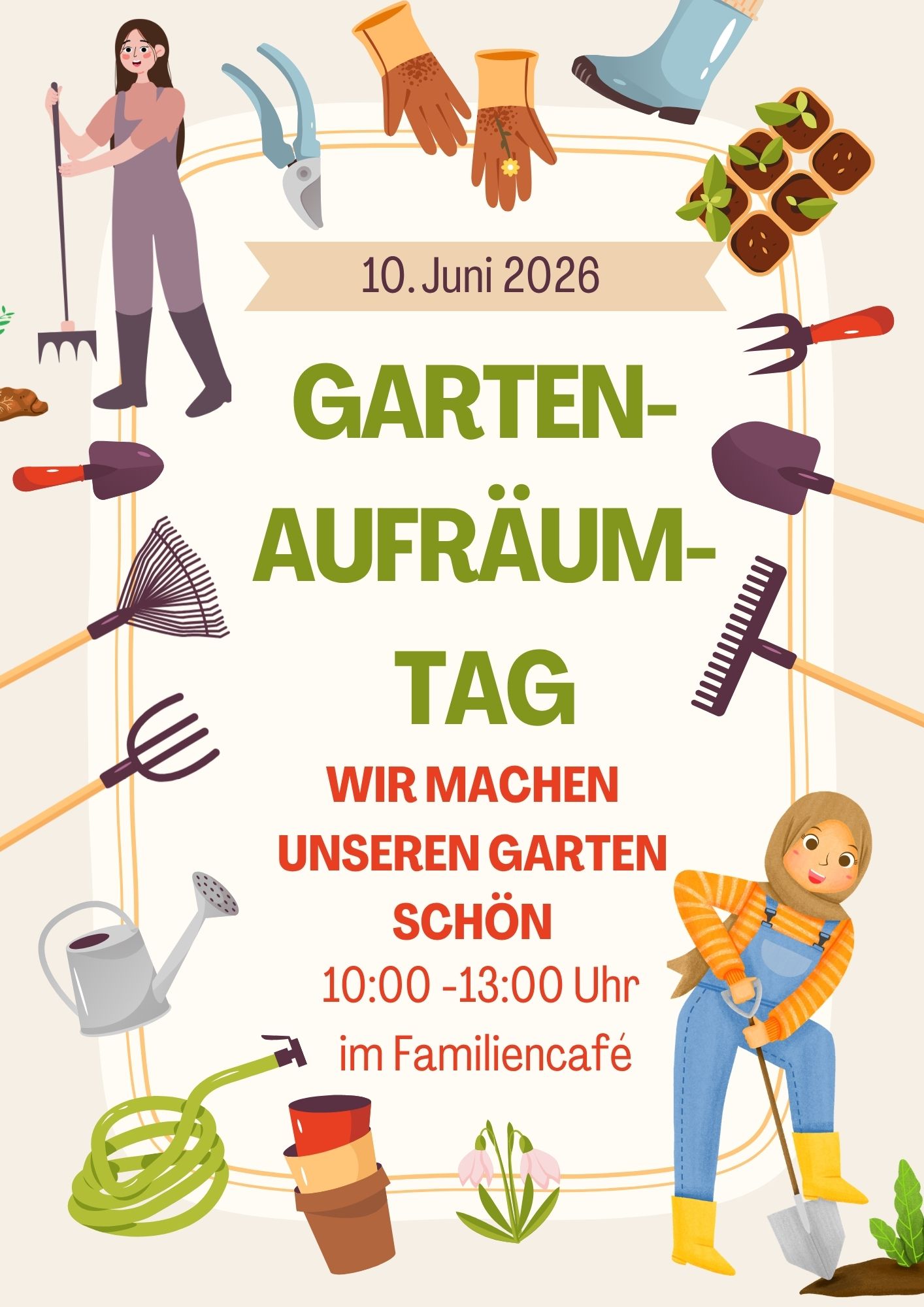 ein bunter grafischer Flyer mit vielen Gartengeräten, unten links eine Frau mit Kopftuch und Latzhose, die einen Spaten in der Hand hat