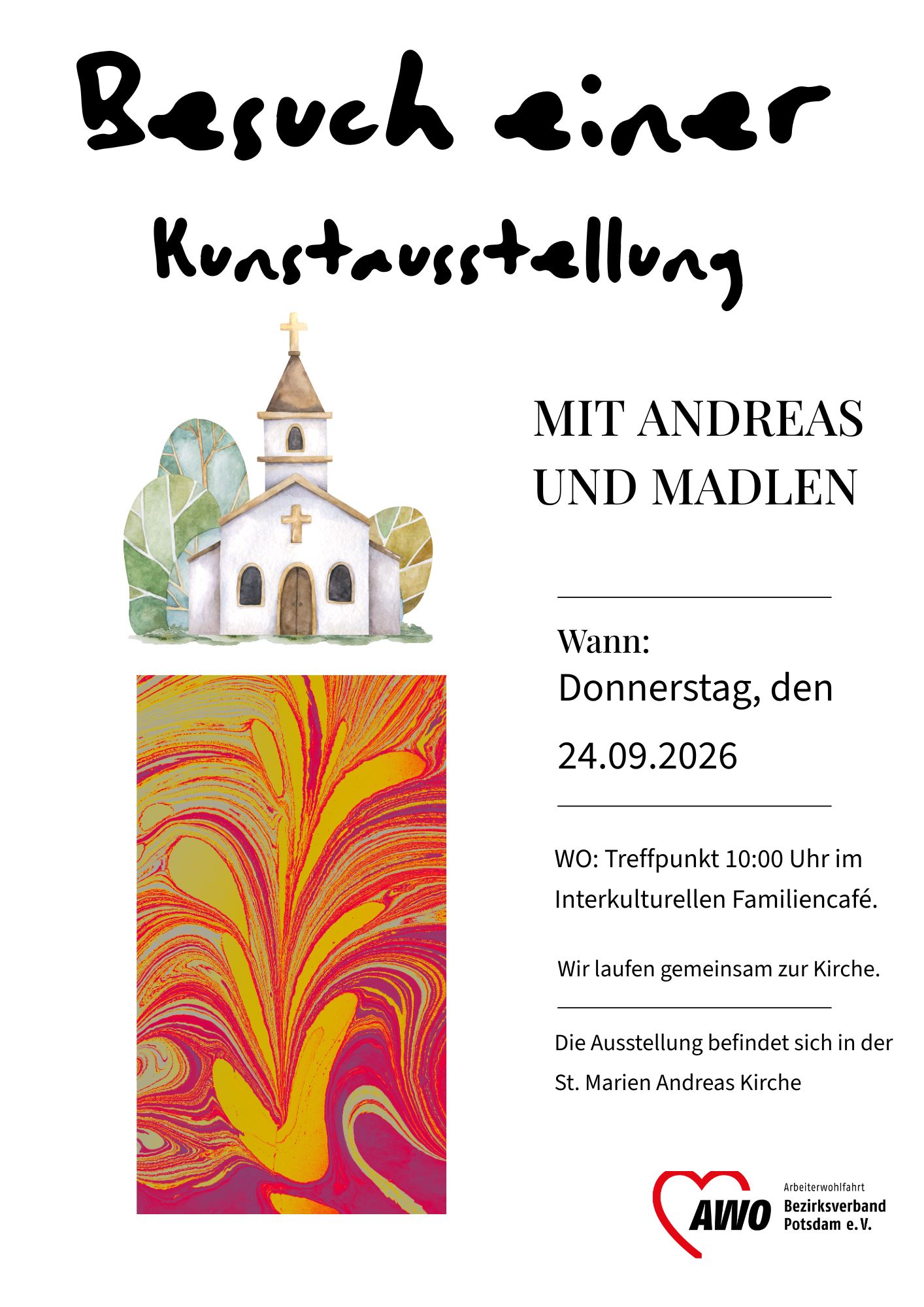 auf dem Flyer steht Kunstausstellung mit Andreas und Madlen und unten links eine Darstellung einer Kirche